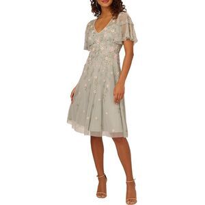 Adrianna Papell Womens Green Beaded Mesh Evening Dress NWT